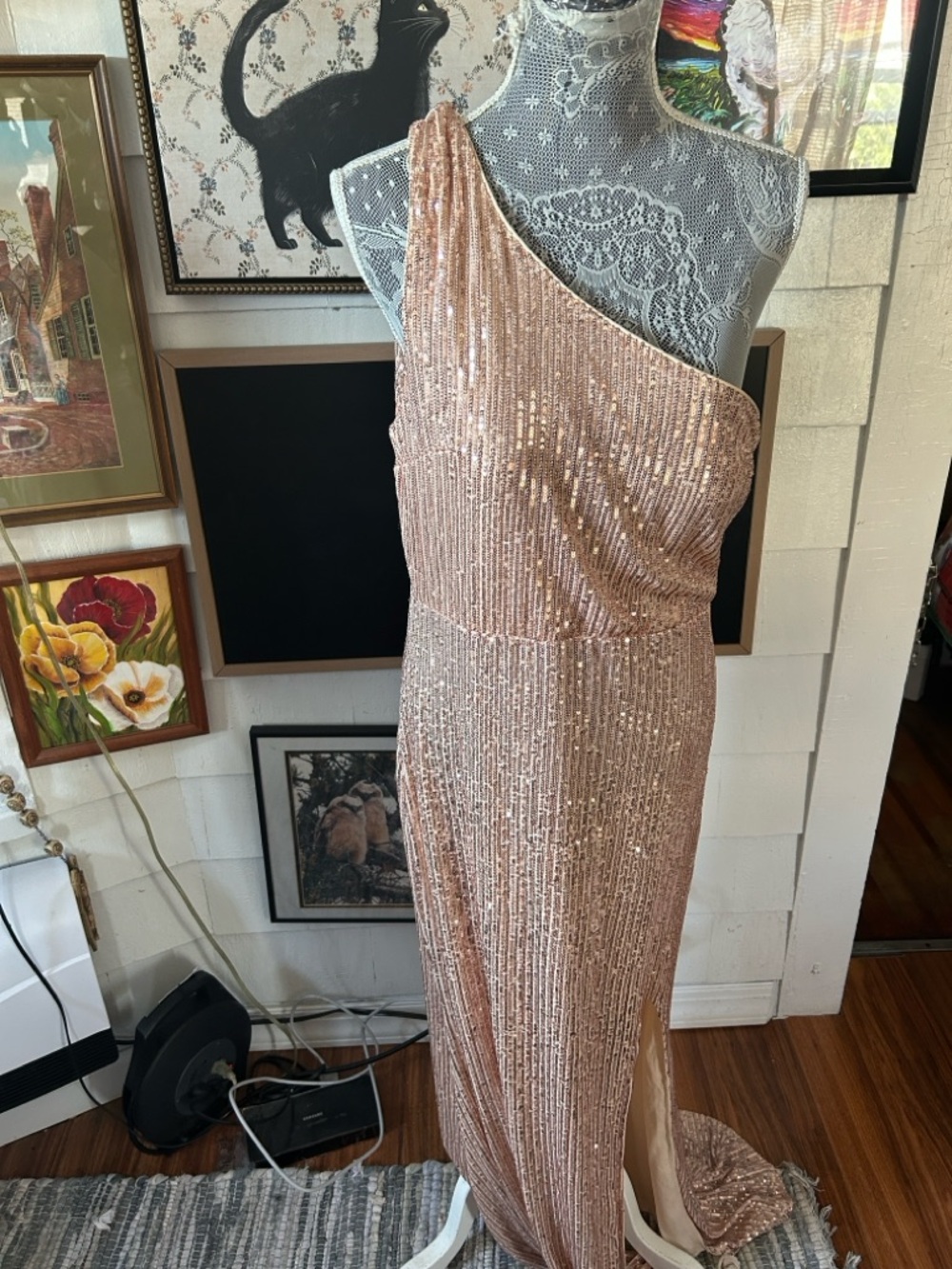 Asymmetric One-Shoulder Sequin Gown in Rose Gold